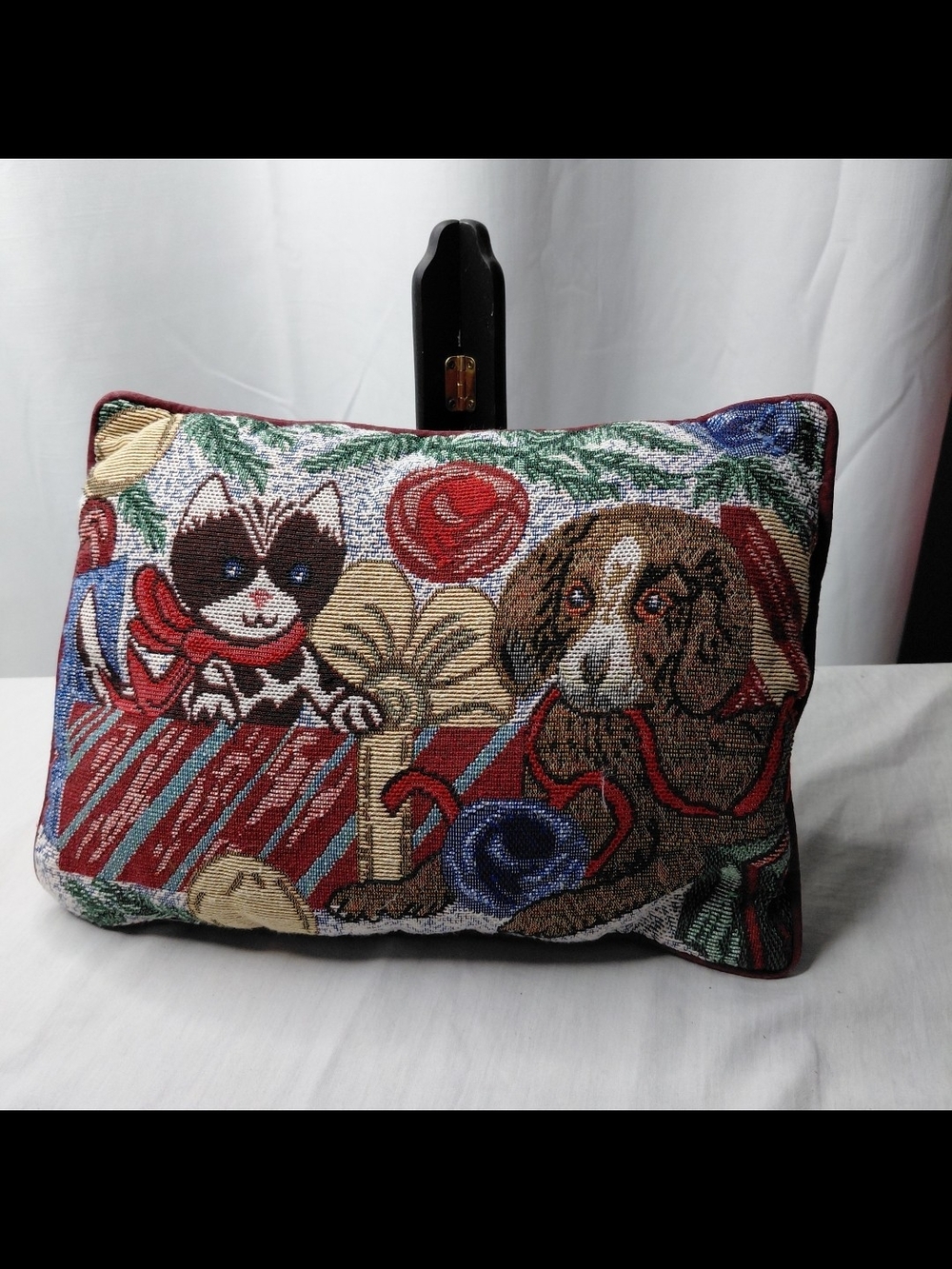 Small Vintage Holiday Dog & Cat Tapestry Throw Pillow Christmas
